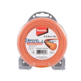 Oranži värvi ümmargune Makita trimmeri jõhv, mille läbimõõt on 2,4 mm ja pikkus 15 m, pakendatud läbipaistvasse rulli.