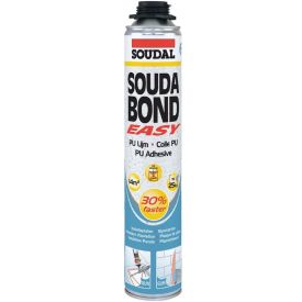 Silindriline metallpurk musta kraaniga, sildil tekst 'Soudal SoudaBond Easy' ja erinevad teabeikoonid, maht 750 ml, alumises osas illustratsioonid kasutusnäidetega, põhivärvid on valge, sinine ja kollane.