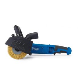 Sinine ja must elektriline renoveerimislihvija, millel on harjaga kaetud ketas, külgmine käepide ja tolmueemaldusava.