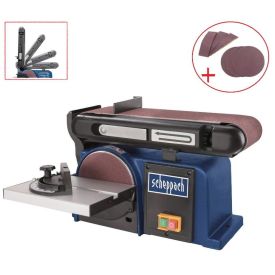 Sinise ja musta korpusega elektriline lint- ja ketaslihvmasin, millel on reguleeritav töölaud ning kaasas vahetatavad lihvkettad ja lihvpaberid. Nähtavad on lülitid ja Scheppachi logo.