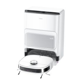 Valge, kandilise kujuga robottolmuimeja dokkimisjaamaga, ümarate nurkadega. Ees on harjased, peal ümar andur ja suur puuteekraan.