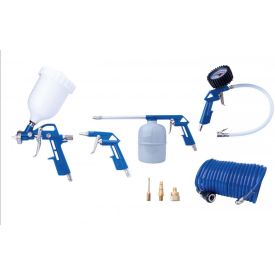 Sinised suruõhutööriistad koosnevad viiest osast: värvipüstol valge anumaga, survepüstol, õlipüstol läbipaistva anumaga, manomeetriga rattapump, sinine spiraaltoru ning väikesed metallist otsikud.