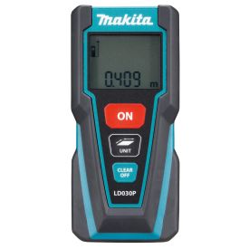 Must-sinise korpusega Makita laserkaugusmõõtja, ees LCD-ekraan mõõtetulemuste kuvamiseks, kolm nuppu "ON", "UNIT" ja "CLEAR OFF", mudelitähis LD030P seadme allosas.
