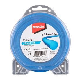 Trimmeri jõhv Makita, läbimõõduga 1,6 mm ja pikkusega 15 m. Sinine, ümar jõhv plastikrullil, pakendatud läbipaistvasse kassetti.