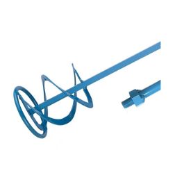 Sinine metallist segamisvispel, millel on spiraalne laba ja ümmargune raam, sobib kasutamiseks segude ja pahtlite segamisel, mõõtmetega 120x600 mm.