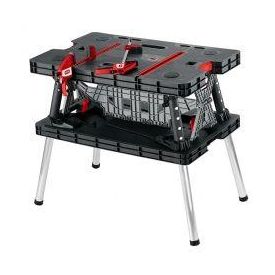 Kokkupandav töölaud, valmistatud mustast ja punasest plastikust ning metalltorudest, millel on ruudukujuline tasapind, neli hõbedast jalga ja punased kinnitused, all on tugevdusvõre.