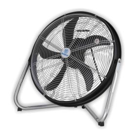 Ümmargune põrandaventilaator musta raamiga, hõbedaste tugijalgade ja viie musta laba, ees metallist turvavõrega.