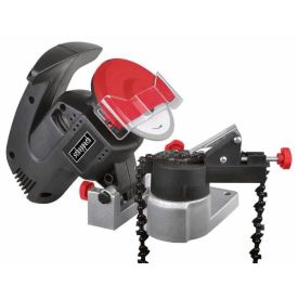 Must ja hõbedane elektriline saeketiteritaja, millel on punane kaitsekate, kett ja reguleeritavad kruvid, on mõeldud kettsaagide teritamiseks.