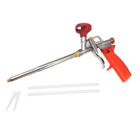 Metallist vahupüstol punase plastikkäepidemega, pikk kitsas toru eesotsas, reguleerimisnupp peal. Komplektis on kaks valget lisatoru.