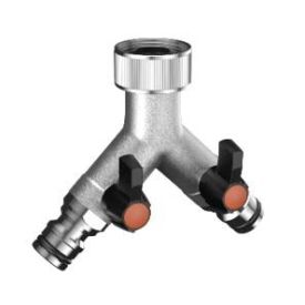 Kahe haruga kroomitud kollektor, millel on kaks oranži käepidemega voolikuotsikut.