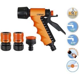 Oranži ja musta värvi Claber Ergo Spray pihustuspüstolikomplekt sisaldab pihustuspüstolit, kahte ühendustükki ja ühte pihustusotsikut.