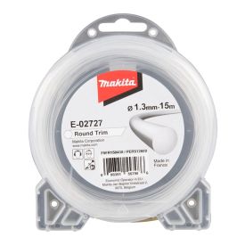 Hõbedane Makita trimmeri jõhvirull, läbimõõduga 1,3 mm ja pikkusega 15 m, pakendatud läbipaistvasse plastkarpi.