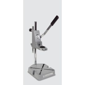 Hõbedane metallist trellistatiiv, millel on lai ja stabiilne ruudukujuline alus, vertikaalne tugivarras ning külje peal musta käepidemega kraaniga. Keskel on kinnituste ja reguleeritavate kruvidega mehhanism.