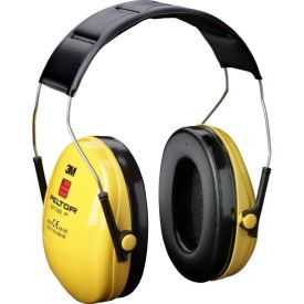 Kollased kõrvaklapid musta peapaela ja polsterdatud kõrvapatjadega; metallist ühendusdetailid ühendavad klapid peapaelaga. Näha on 3M logo ja muud tähised vasakul klapil.