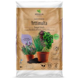 Kekkilä 6L ürdimulla pakend on kujutatud potis koos võõrasemade ja lavendliga. See on biolagunev ja sobib ideaalselt taimekasvatuseks.