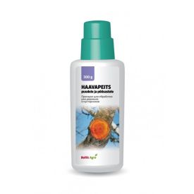 300 ml haavapeits plastpudelis, valgel taustal, sinise kaanega. Pildil on puuoksal istuv lind ja apelsin.