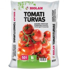 Valge pakend 50-liitrise tomati turba jaoks, millel on kujutised värsketest tomatitest ning roheline tekst 'Biolan' ja 'Tomati Turvas'.
