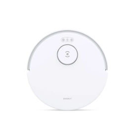 Valge ümmargune robottolmuimeja, millel on peal keskne nupp ja kolm väiksemat, ikooniga nuppu. Sile plastkorpus ning esiosas väike logo.