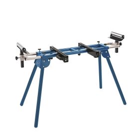 Sinine ja hõbedane metallist töölaud nelja kokkupandava jalaga, reguleeritavate rullikute ja kinnitustega, mõeldud miilusaepingule.