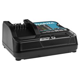 Must ristkülikukujuline Makita akulaadija, mille pealmisel osal on sinine ja must kraaniga juhtriba ning erinevad indikaatorid. Sobib 12 V liitiumioonakude laadimiseks.