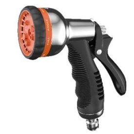 Mitmefunktsionaalne Claber aiavooliku püstolipihusti, kroomitud viimistluse, oranži reguleeritava düüsi ja musta käepidemega.