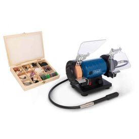 Sinine ja musta värvi lauapealne käi koos läbipaistva kaitseklaasi, paindvõlli ja erinevate tarvikutega puidust karbis.