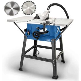 Elektriline sinise korpusega saepink tugevate metallist jalgadega, peal on nähtav ümmargune saeketas ning kõrval on lisaks kaks metallist saeketta varuosa.