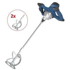 Sinise käepidemega, elektriline segutrell, pikk metallist vispli otsik, ümbrises lisavispli kujutis ja '2x' märge, mõeldud ehitussegude segamiseks.