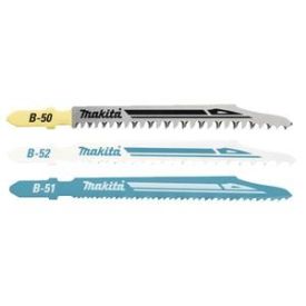 Kolm erinevat värvi ja märgistusega Makita tikksaetera; igal saelehel on teravad hambad ja eristuv käepide: värvides kollane-must, valge-sinine ja sinine-valge. Need sobivad tikksae tarvikuteks.