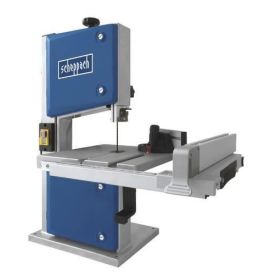 Sinine ja hõbedane lintsaag, millel on metallraam, nähtav tera, ja töölaud suunajatega. Seade on laua peal, mõeldud täpseks lõikamiseks.