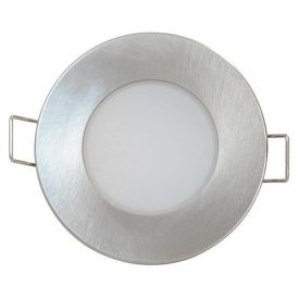 Ümmargune metallkorpus LED-valgusti jaoks, matt hõbedane raam ja keskosas valge valgusdiffuuser, mõlemal küljel traadist kinnitused.