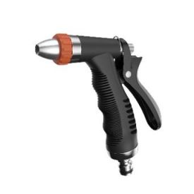 Metallist ja musta plastikuga aiavooliku püstoliprits oranžide detailidega.