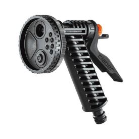 4-funktsiooniline musta värvi püstolpihusti aiavoolikule, millel on ümar otsik ja reguleeritav käepide.