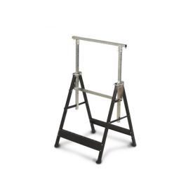 Teleskoop-tööpink musta raamiga, hõbedase reguleeritava risttalaga, stabiilsete A-kujuliste jalgade ja tugevdusribadega.