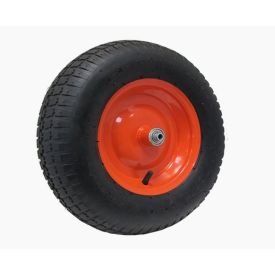 Must kummirehv oranžil metallveljel, mõõtmetega 16x4.00-8 ja 20 mm teljeava.