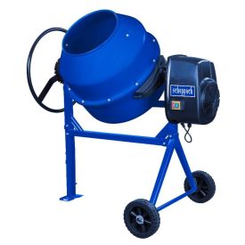 Sinine segumasin kahe rattaga, silindrilise trumliga, musta mootoriüksusega küljel ja suure keeramisrattaga trumli pööramiseks.