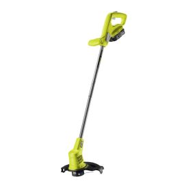 Ryobi roheline akutrimmer RLT1825M15S, millel on piklik vars ja reguleeritav käepide, must lõikepea, sisaldab akupakki.