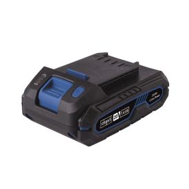 Must ja sinine ristkülikukujuline 20V liitiumioonaku, mille mahtuvus on 2,0 Ah, plastkorpus ja mille küljele trükitud sildil on selgelt märgitud tehnilised andmed.