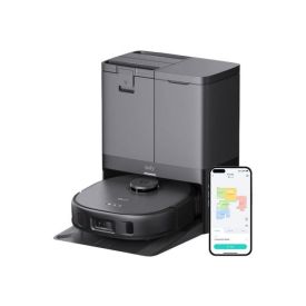 Must ruudukujuline robottolmuimeja asub laadimisjaamas, selle kõrval on nutitelefon juhtimiseks, mille ekraanil on seadistusrakendus. Tolmuimejal on ülal ümar nupp ja ees andur.