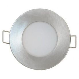 Ümmargune metallraamiga laevalgusti matt-hõbedase viimistlusega, keskosas valge hajutiga ja külgedel kahe metallist kinnitusega.