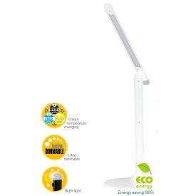 Valge, kaasaegse disainiga LED-laualamp, millel on kõrge, kitsas keha ja õhuke valguspaneel. Lambil on reguleeritav valgusvärvus ja intensiivsus ning see on valmistatud plastist.