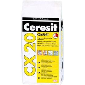 5 kg montaaži- ja parandussegu Ceresit CX20 valges ja kollases pakendis, mõeldud professionaalseks kasutamiseks.
