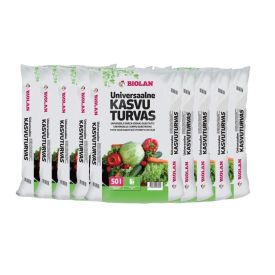 51 valget Biolani universaalse kasvuturba kotti, igaüks 50 liitrit, pakitud roheliste ja roosade etikettidega, millel on pildid puu- ja köögiviljadest.