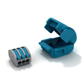 Pildil on sinine plastikkest avatud asendis koos kolme avaga ning hallide detailidega elektriühendusplokk.