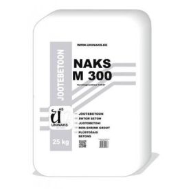 Valge ja halli värviga 25 kg kuivsegu pakend, millel on tekst 'NAKS M300' ja tootjainfo. Kott on kandiline, servad veidi ümarad, peal kirjad ja triibud.