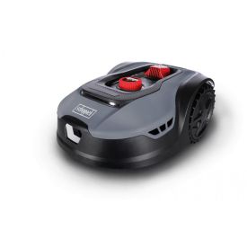 Hall robotniiduk punaste detailide ja tekstiga, suurte mustade ratastega, on mõeldud muru niitmiseks.