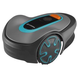 Halli ja musta värvi robotniiduk, millel on sinised ja oranžid detailid, on mõeldud 250m² murupindade niitmiseks. See on kaasaegse disainiga.