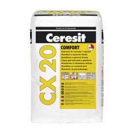 20 kg Ceresit CX20 Comfort montaaži- ja parandussegu kott, millel on valge ja kollane disain.