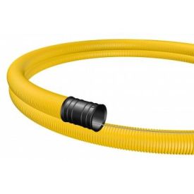 Kollane, korrapärane ja painduv kaablikaitsekõri, mille sees on must ühenduskummitükk; rullis, umbes 50 meetrit pikk.