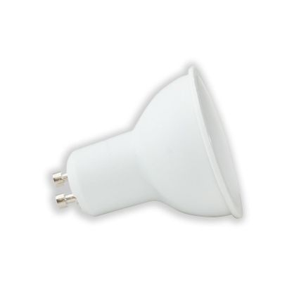 Valge GU10 sokliga LED-lamp, koonilise kujuga, matt plastikkorpusega, n&auml;htavad on kaks metallist tihvti &uuml;henduse jaoks, v&otilde;imsusega 5W.